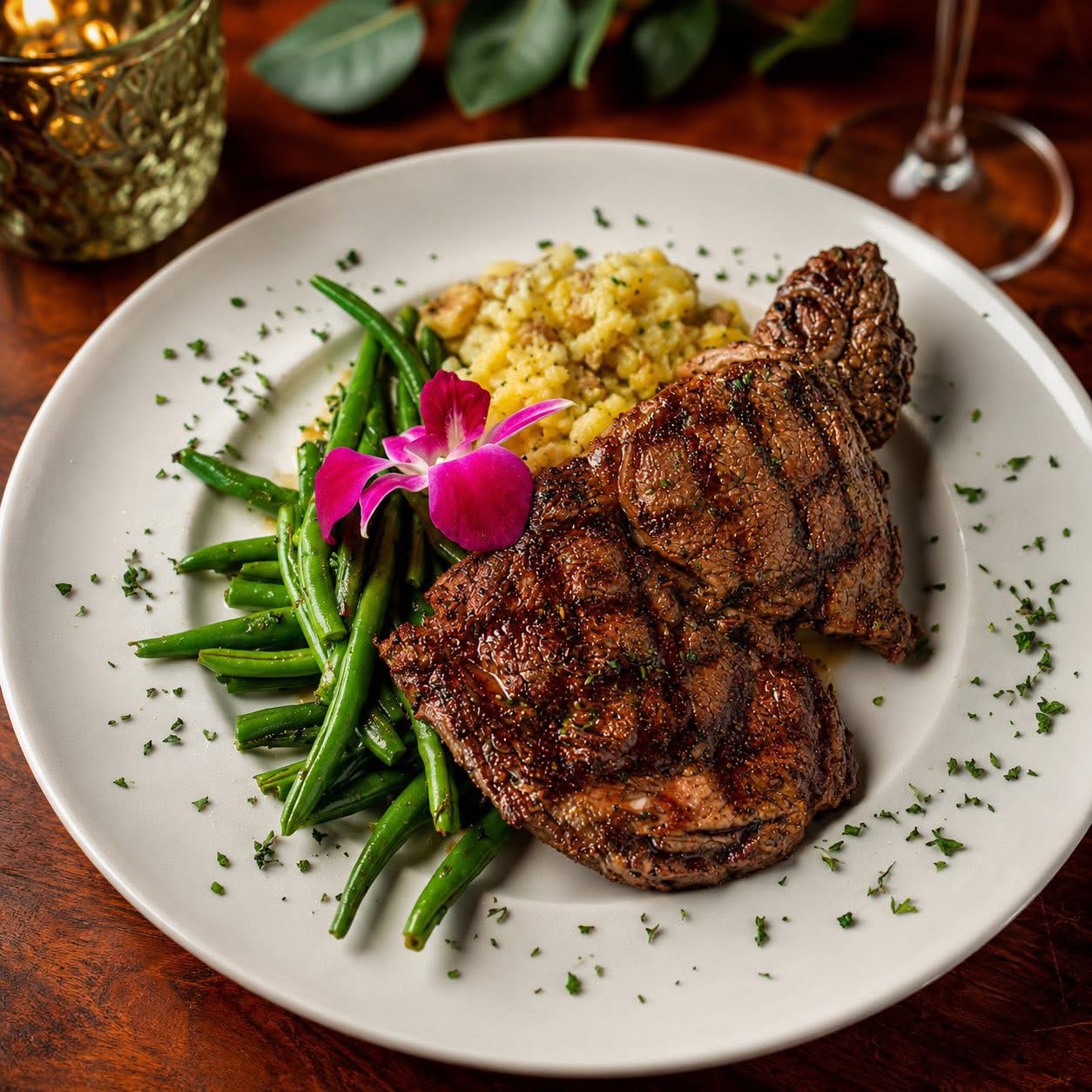 Grilled steak with green beans and potatoes